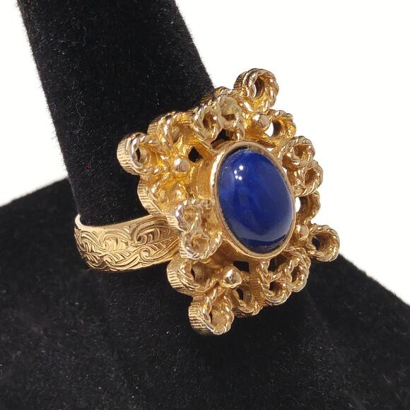 Sarah Coventry Victoria Blue Ring Gold Tone Open Weave Adjustable 1970s - Picture 6 of 10